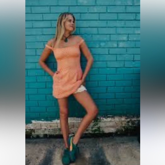 Free People Dresses & Skirts - NWT FREE PEOPLE BERRY KISS EYELET COTTON MINI DRESS/ PEACH SM Off-the-Shoulder